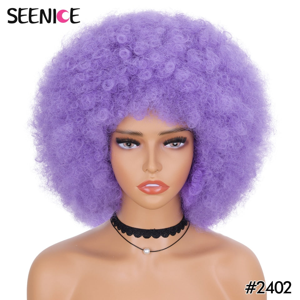 Afro Kinky Curly Wig With Bangs Short Fluffy Hair Wigs For Black Women Synthetic Ombre Glueless Cosplay Natural Brown Black Pink