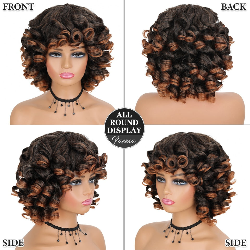 Short Hair Afro Kinky Curly Wigs With Bangs For Black Women Fluffy Synthetic African Ombre Glueless Cosplay Natural Brown Wigs