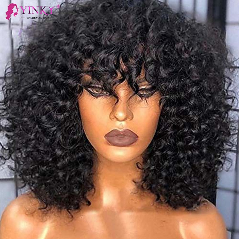 Brazilian Kinky Curly Human Hair Wigs With Bangs Short Bob Wigs Human Hair Glueless Full Machine Made Wigs for Black Women