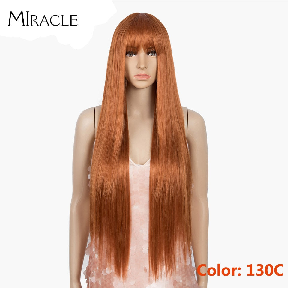 Miracle Blonde Wigs for Black Women Synthetic Wig With Bangs Straight Pink Purple Wigs 32inc Heat Resistant Fiber Cosplay Wigs