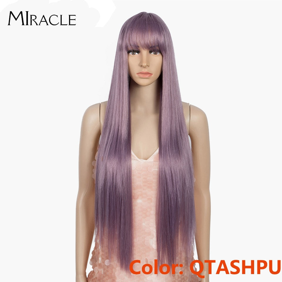 Miracle Blonde Wigs for Black Women Synthetic Wig With Bangs Straight Pink Purple Wigs 32inc Heat Resistant Fiber Cosplay Wigs