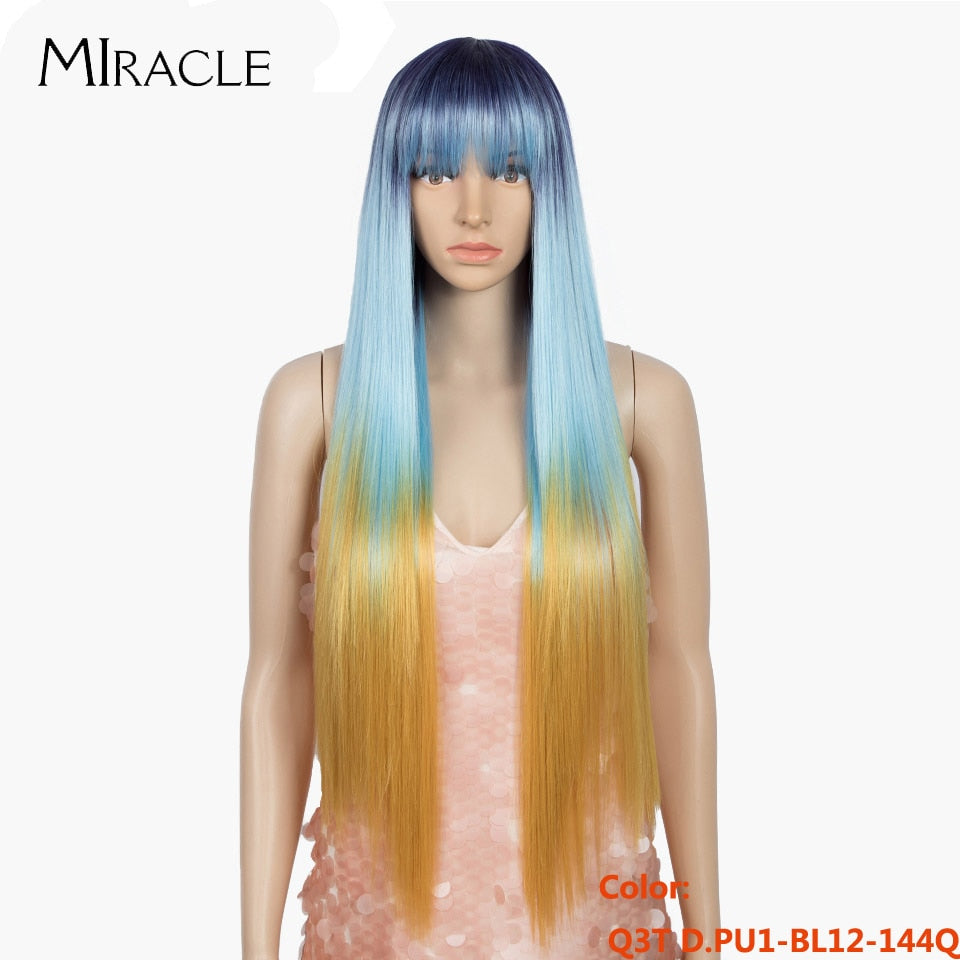 Miracle Blonde Wigs for Black Women Synthetic Wig With Bangs Straight Pink Purple Wigs 32inc Heat Resistant Fiber Cosplay Wigs