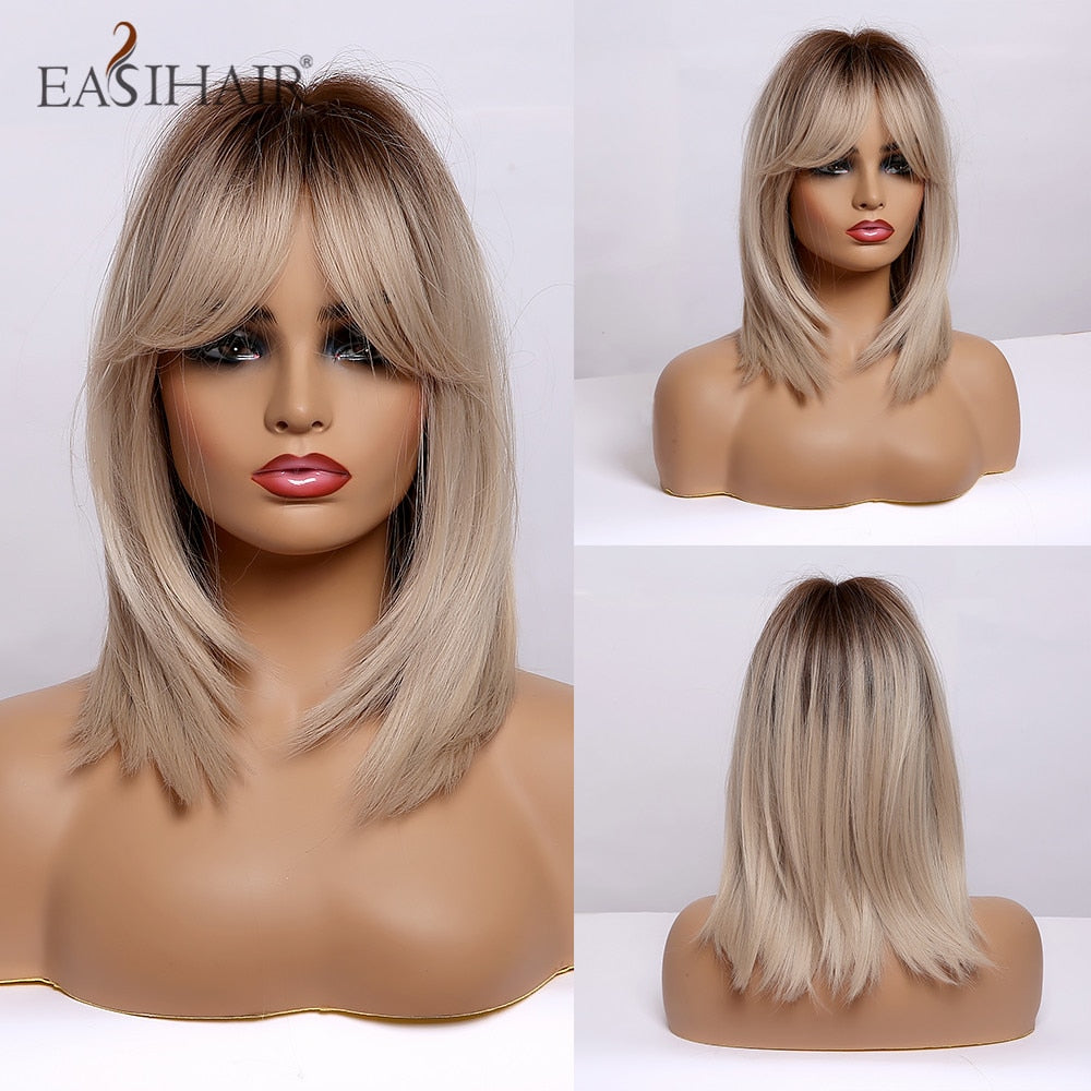 EASIHAIR Pink Bob Wigs for Women Synthetic Wigs with Bangs Natural Hair Pink Wig Medium Length Cute Cosplay Wigs Heat Resistant