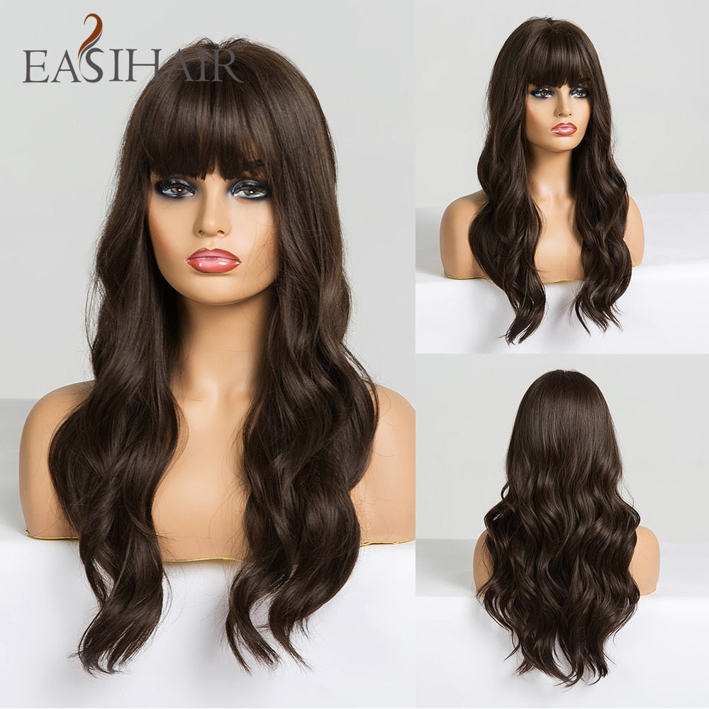 EASIHAIR Long Blonde Wavy Synthetic Wigs for Women Wigs with Bangs High Density Natural Cosplay Wigs Brown Ombre Heat Resistant