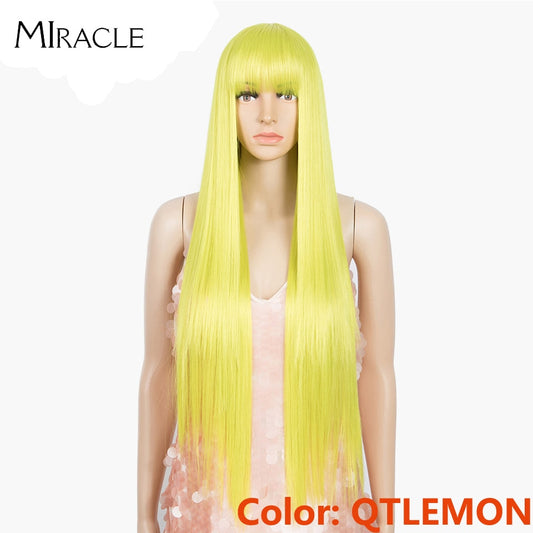 Miracle Blonde Wigs for Black Women Synthetic Wig With Bangs Straight Pink Purple Wigs 32inc Heat Resistant Fiber Cosplay Wigs