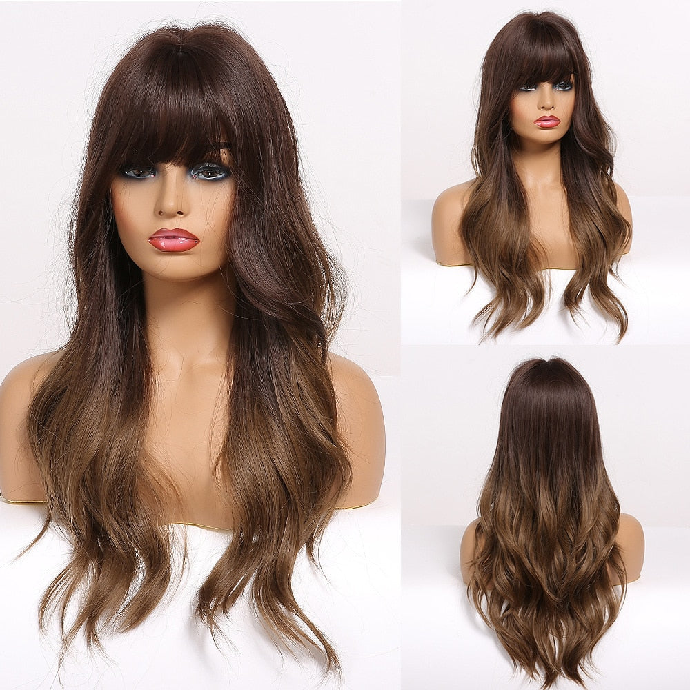 EASIHAIR Long Blonde Wavy Synthetic Wigs for Women Wigs with Bangs High Density Natural Cosplay Wigs Brown Ombre Heat Resistant