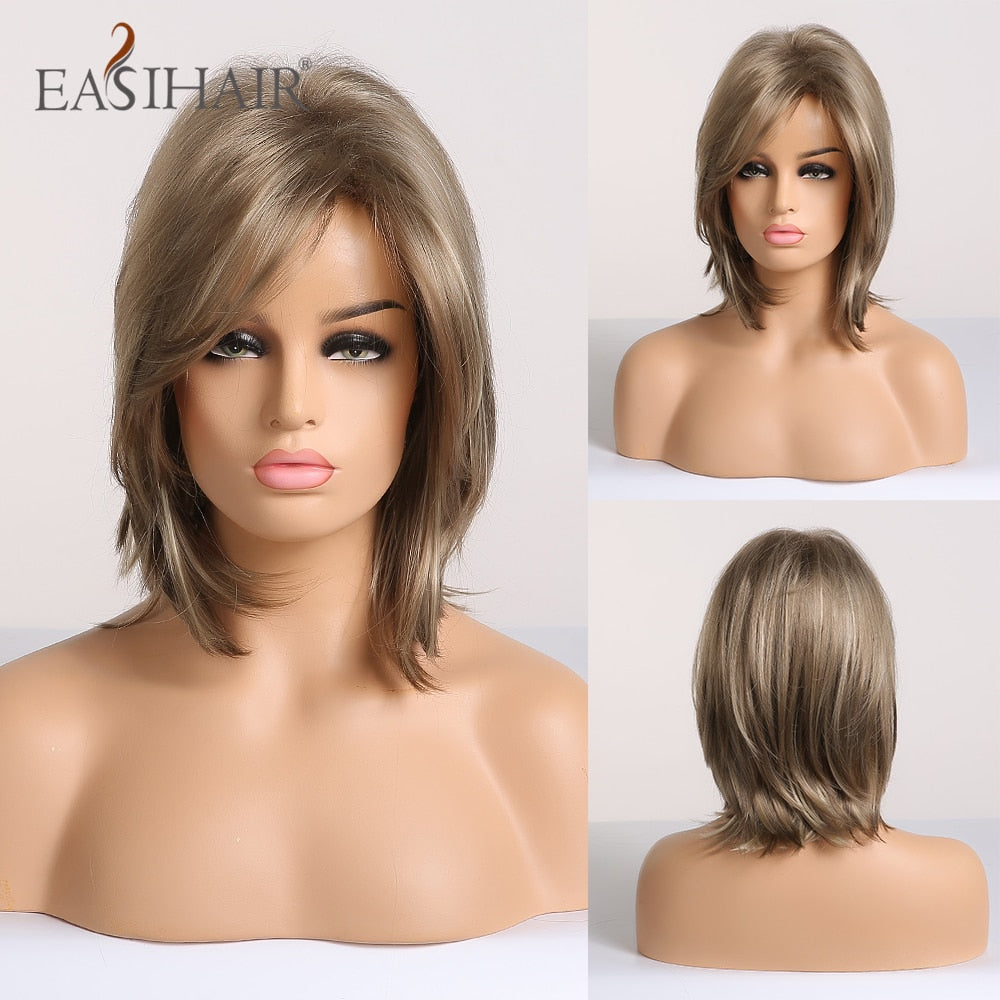 EASIHAIR Short Women Brown Wigs with Bangs Synthetic Wigs Layered Natural Hair Bob Wig Cosplay Daily Wigs Heat Resistant