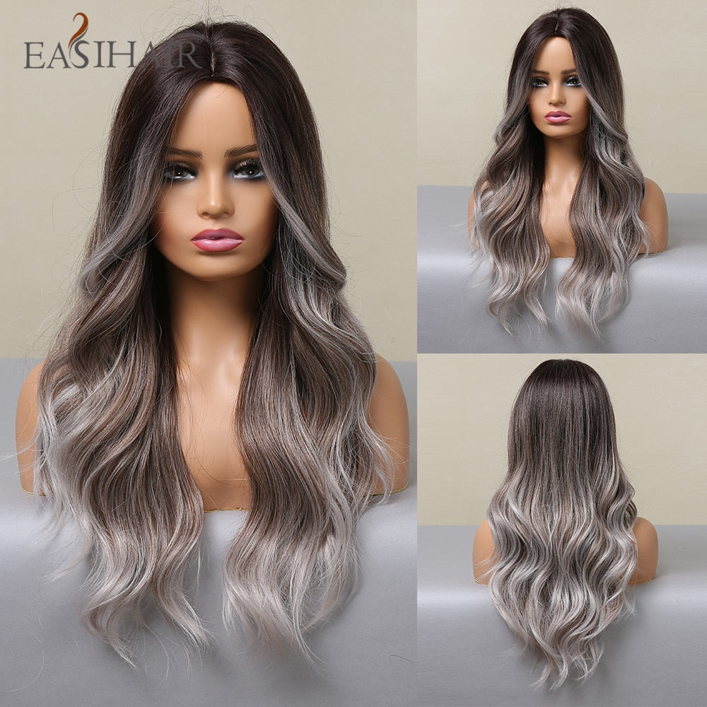 EASIHAIR Long Light Blonde Ombre Natural Wave Style Wigs Heat Resistant Synthetic Wigs Middle Part Hair Cosplay Wigs for Women