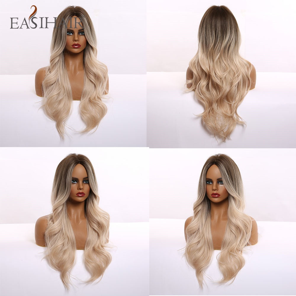 EASIHAIR Long Light Blonde Ombre Natural Wave Style Wigs Heat Resistant Synthetic Wigs Middle Part Hair Cosplay Wigs for Women