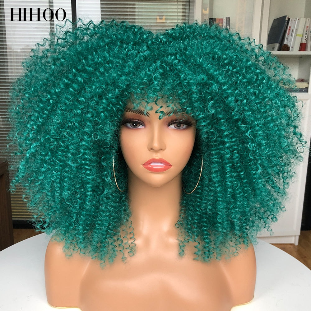 16&#39;&#39;Short Hair Afro Kinky Curly Wig With Bangs For Black Women Cosplay Lolita Synthetic Natural Glueless Brown Mixed Blonde Wigs