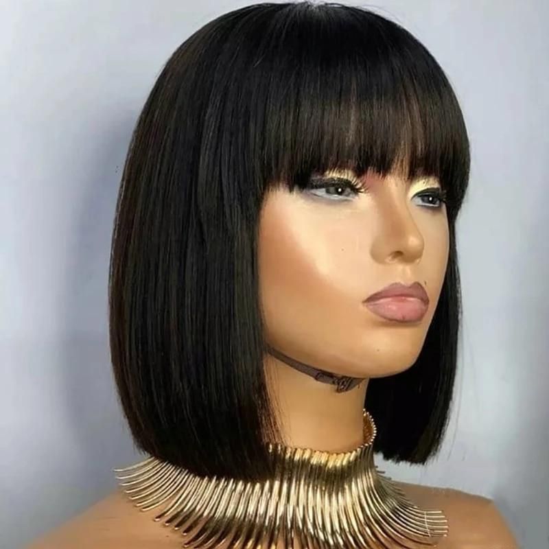 Straight Short Bob Human Hair Wigs With Bangs Brazilian Human Hair Bob Wigs For Woman Full Machine Made Human Hair Wigs Glueless