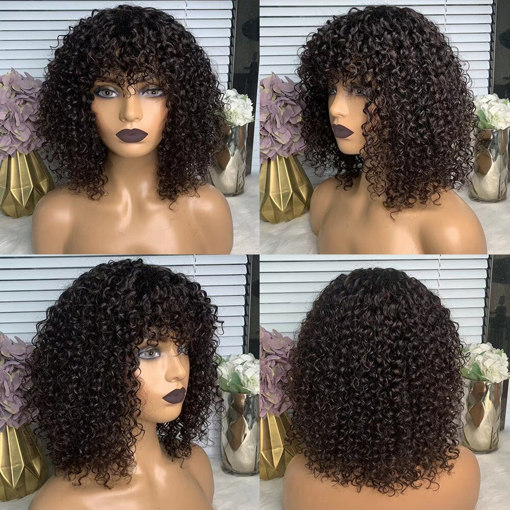 Brazilian Kinky Curly Human Hair Wigs With Bangs Short Bob Wigs Human Hair Glueless Full Machine Made Wigs for Black Women