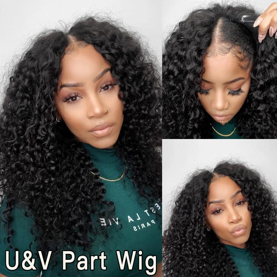 V Part Wig Human Hair No Leave Out Brazilian Deep Wave Human Hair Wigs for Women Deep Curly Wigs Glueless Virgin 250% Density