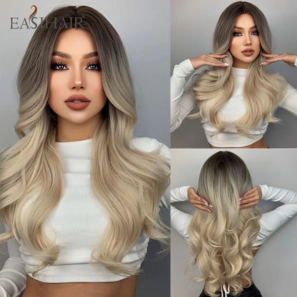 EASIHAIR Long Light Blonde Ombre Natural Wave Style Wigs Heat Resistant Synthetic Wigs Middle Part Hair Cosplay Wigs for Women