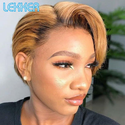 Lekker Short Pixie Bob T Part Lace Front Human Hair Wigs For Women Brazilian Remy Hair Ombre Blonde 613 Glueless HD Lace Wigs