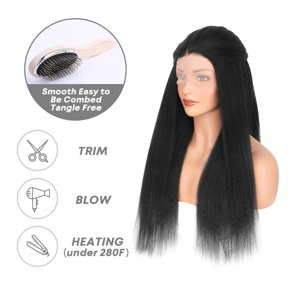 Kinky Straight Wig 180% Density Black Yaki Lace Front Wig For Women With Baby Hair Synthetic Wigs Heat Temperature Glueless