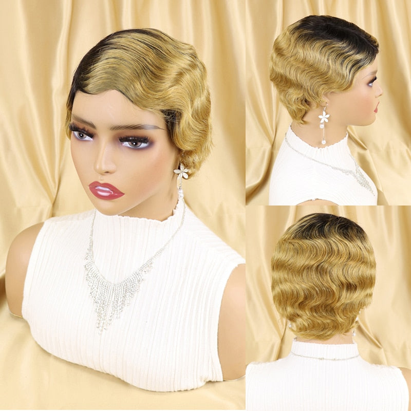 Brazilian Short Pixie Cut Human Hair Wigs Finger Waves Hairstyles For Black Women Full Machine Made Wigs Short Wigs Glueless