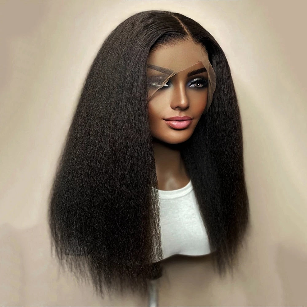 Kinky Straight Wig 180% Density Black Yaki Lace Front Wig For Women With Baby Hair Synthetic Wigs Heat Temperature Glueless