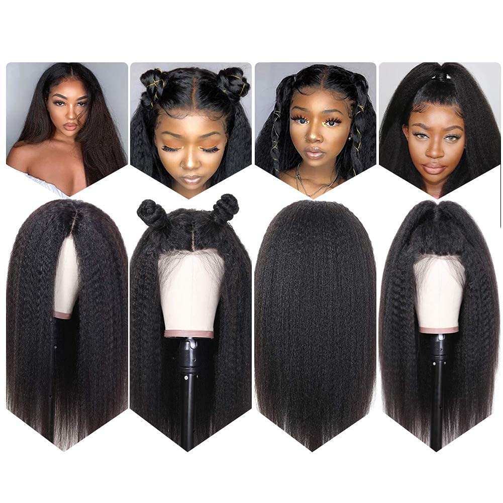 Kinky Straight Wig 180% Density Black Yaki Lace Front Wig For Women With Baby Hair Synthetic Wigs Heat Temperature Glueless