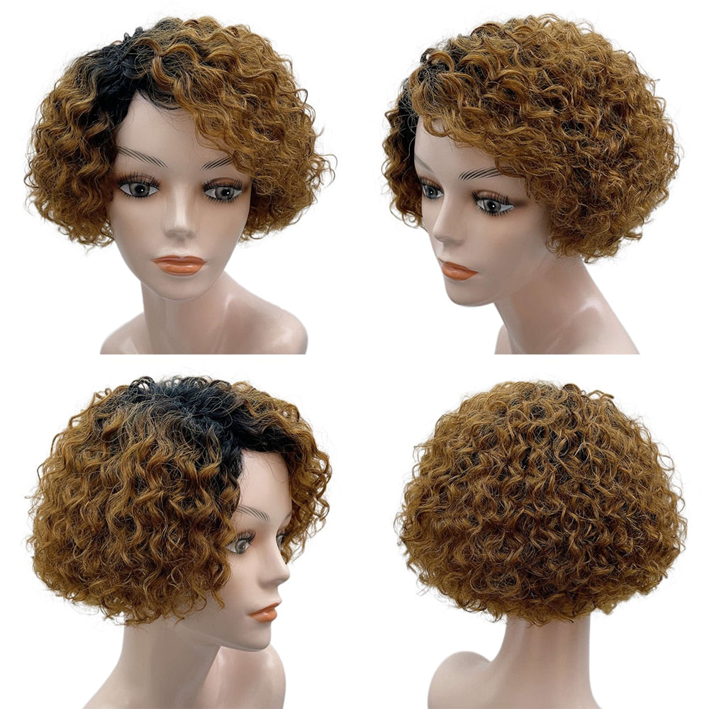 SSH  Curly Wigs Short Pixie Cut Human Hair For Women Natural Black Remy Hair 150% Density Glueless Cheap Side Part Human Wigs