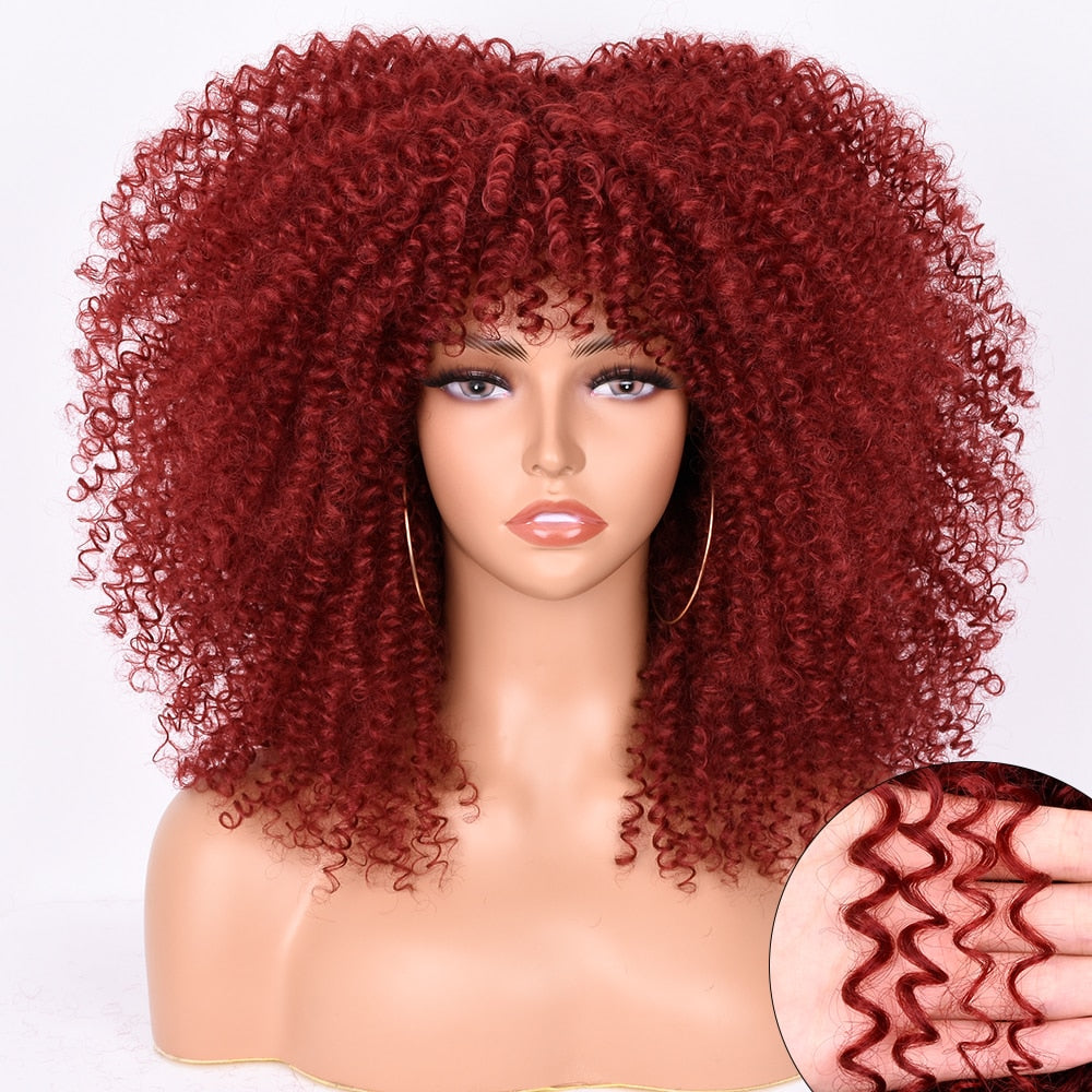 16&#39;&#39;Short Hair Afro Kinky Curly Wig With Bangs For Black Women Cosplay Lolita Synthetic Natural Glueless Brown Mixed Blonde Wigs