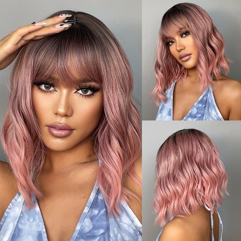 EASIHAIR Pink Bob Wigs for Women Synthetic Wigs with Bangs Natural Hair Pink Wig Medium Length Cute Cosplay Wigs Heat Resistant