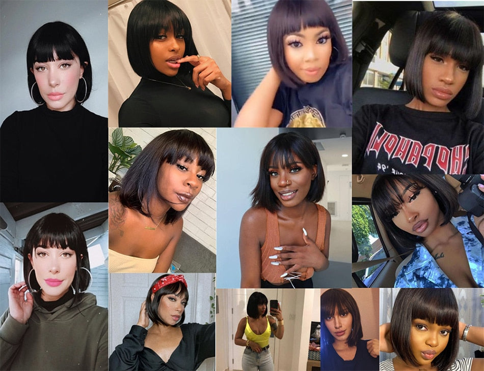 Straight Short Bob Human Hair Wigs With Bangs Brazilian Human Hair Bob Wigs For Woman Full Machine Made Human Hair Wigs Glueless