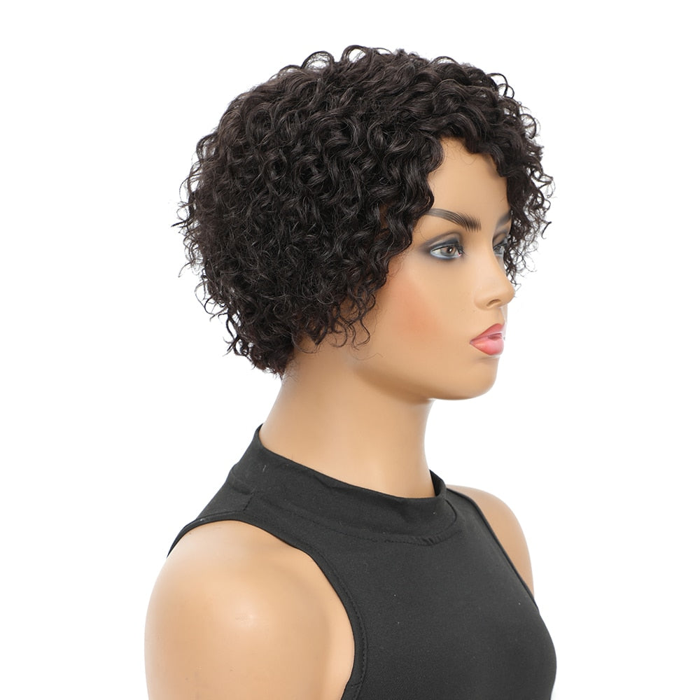 SSH  Curly Wigs Short Pixie Cut Human Hair For Women Natural Black Remy Hair 150% Density Glueless Cheap Side Part Human Wigs