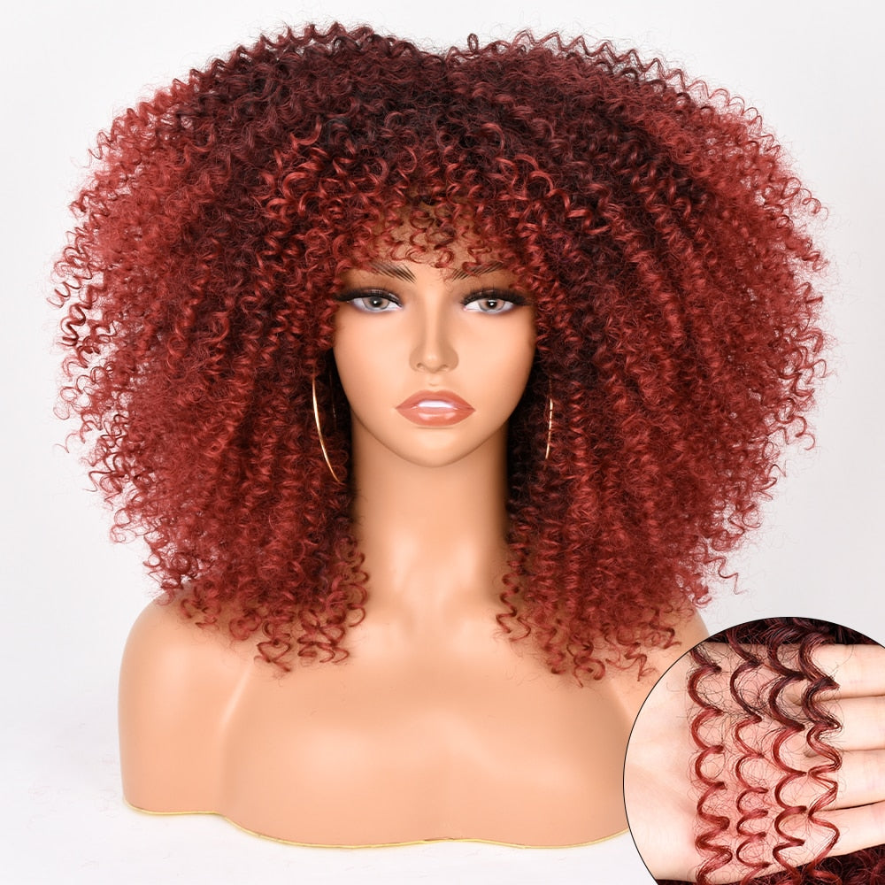 16&#39;&#39;Short Hair Afro Kinky Curly Wig With Bangs For Black Women Cosplay Lolita Synthetic Natural Glueless Brown Mixed Blonde Wigs