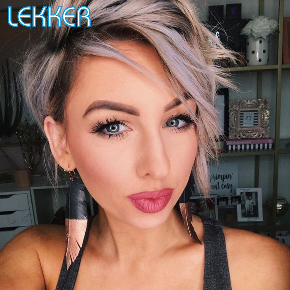 Lekker Silver Grey Short Pixie Straight Bob Human Hair Lace Wigs For Women Brazilian Remy Hair Glueless Ombre Colored Cheap Wigs