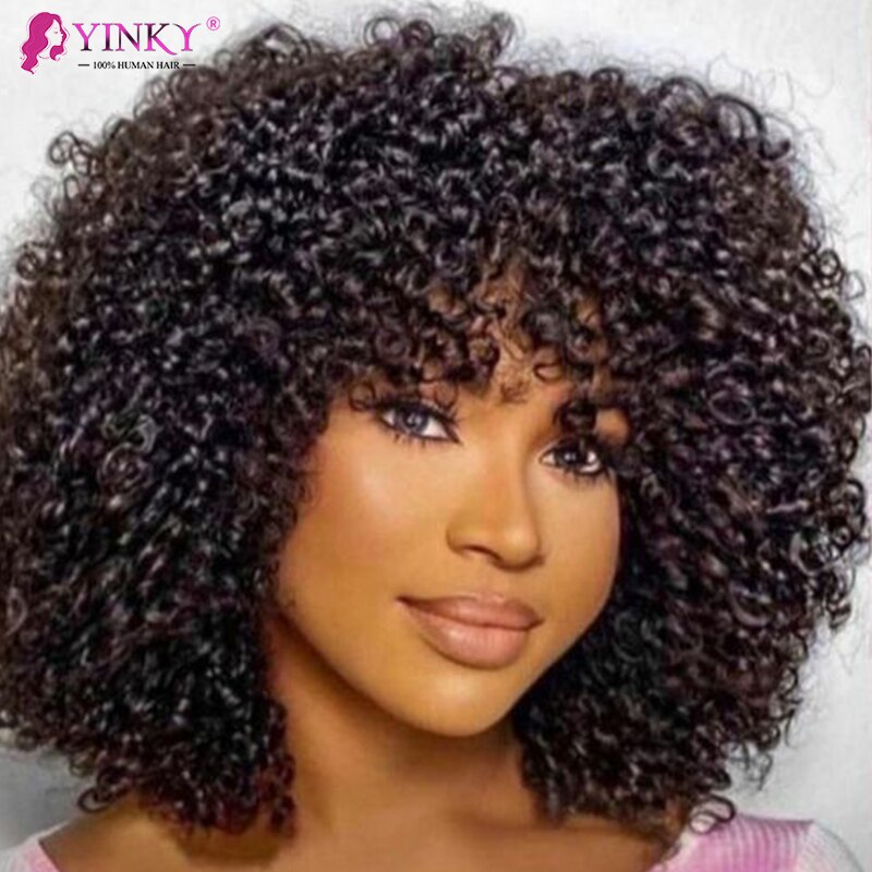 Brazilian Kinky Curly Human Hair Wigs With Bangs Short Bob Wigs Human Hair Glueless Full Machine Made Wigs for Black Women