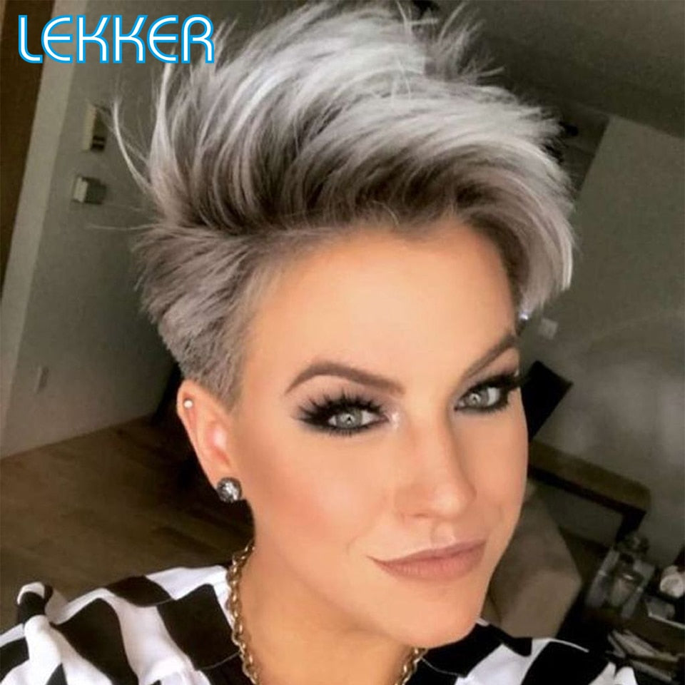 Lekker Silver Grey Short Pixie Straight Bob Human Hair Lace Wigs For Women Brazilian Remy Hair Glueless Ombre Colored Cheap Wigs