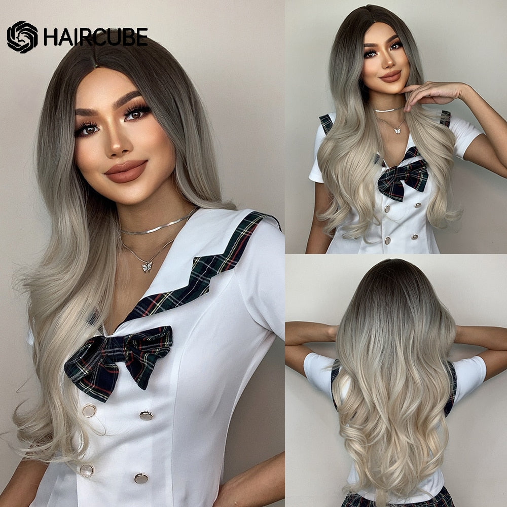 Long Wavy Blonde Synthetic Wigs with Highlights Wigs Middle Part for Afro Women Heat Resistant Cosplay Natural Hair Wigs