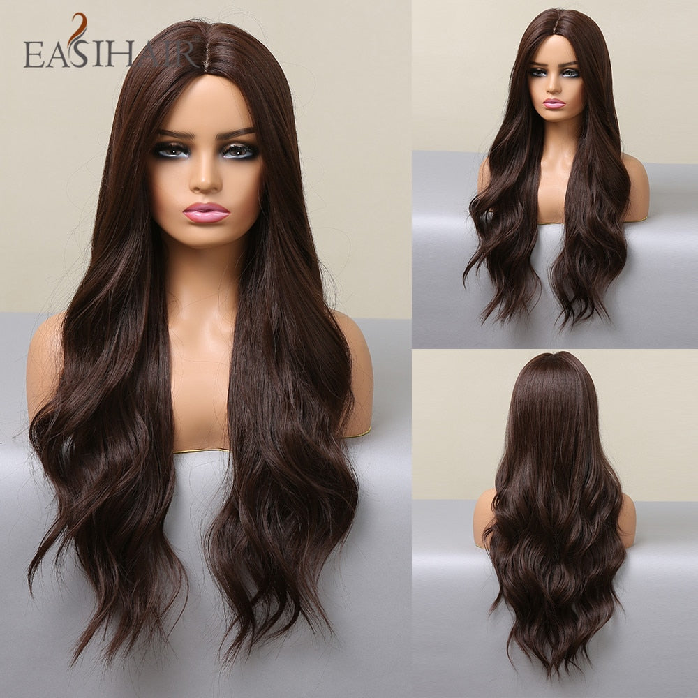 EASIHAIR Long Light Blonde Ombre Natural Wave Style Wigs Heat Resistant Synthetic Wigs Middle Part Hair Cosplay Wigs for Women