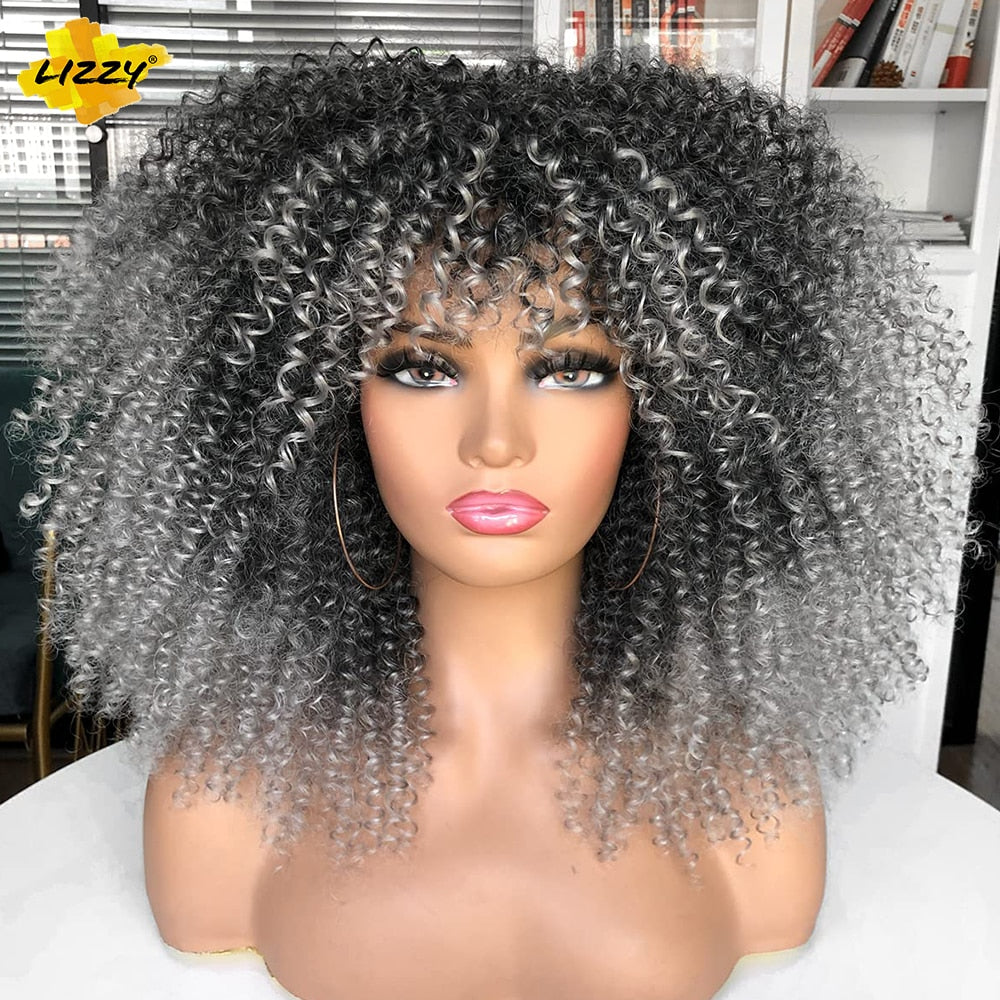 Short Afro Curly Wig With Bangs Synthetic African Glueless Fluffy Black Ombre Brown Curly Women&#39;s Wigs