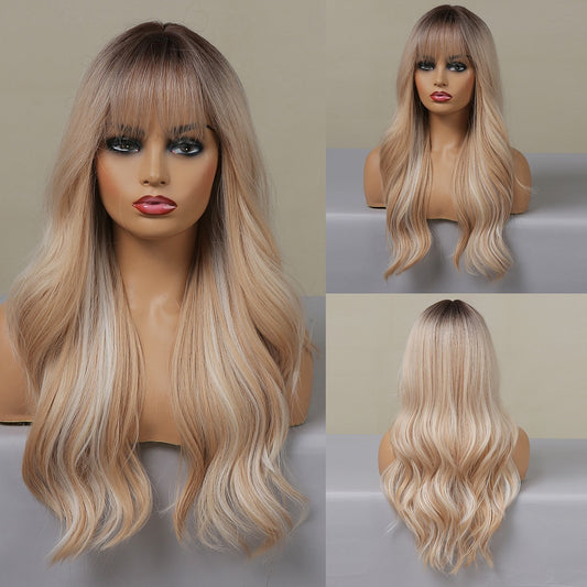 EASIHAIR Grey Ombre Wavy Wigs Long Synthetic Wigs for Women Wigs with Bangs Natural Hair Wigs Heat Resistant Cosplay Wigs