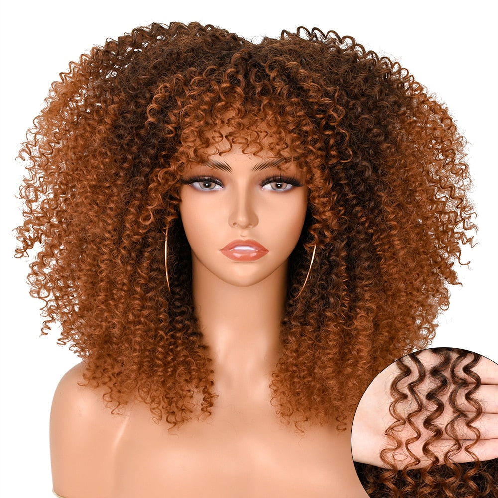 16&#39;&#39;Short Hair Afro Kinky Curly Wig With Bangs For Black Women Cosplay Lolita Synthetic Natural Glueless Brown Mixed Blonde Wigs