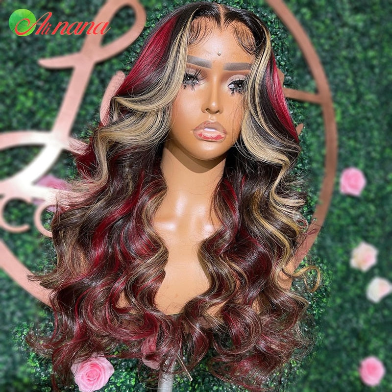 Highlight Red Blonde Colored Straight Body Wave Ready To Wear Glueless Wig Pre-Plucked 13x4 Lace Frontal Human Hair Wig Wear Go