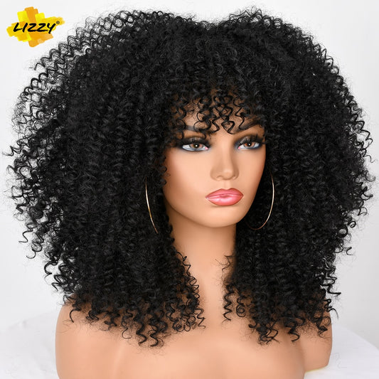 Short Afro Curly Wig With Bangs Synthetic African Glueless Fluffy Black Ombre Brown Curly Women&#39;s Wigs