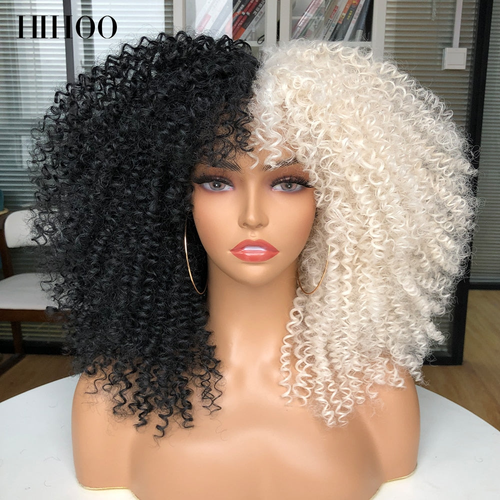 16&#39;&#39;Short Hair Afro Kinky Curly Wig With Bangs For Black Women Cosplay Lolita Synthetic Natural Glueless Brown Mixed Blonde Wigs