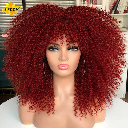 Short Afro Curly Wig With Bangs Synthetic African Glueless Fluffy Black Ombre Brown Curly Women&#39;s Wigs