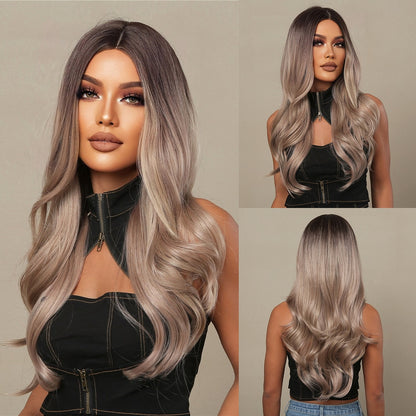 Long Wavy Blonde Synthetic Wigs with Highlights Wigs Middle Part for Afro Women Heat Resistant Cosplay Natural Hair Wigs