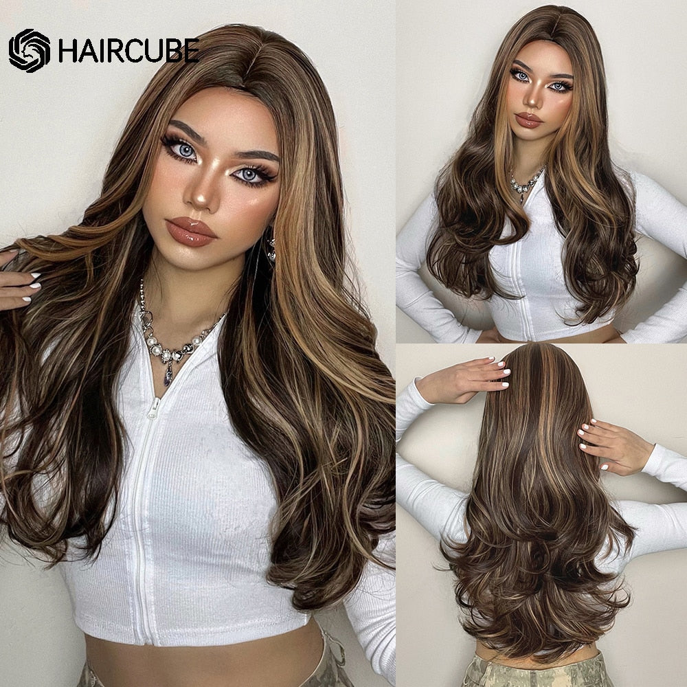 Long Wavy Blonde Synthetic Wigs with Highlights Wigs Middle Part for Afro Women Heat Resistant Cosplay Natural Hair Wigs