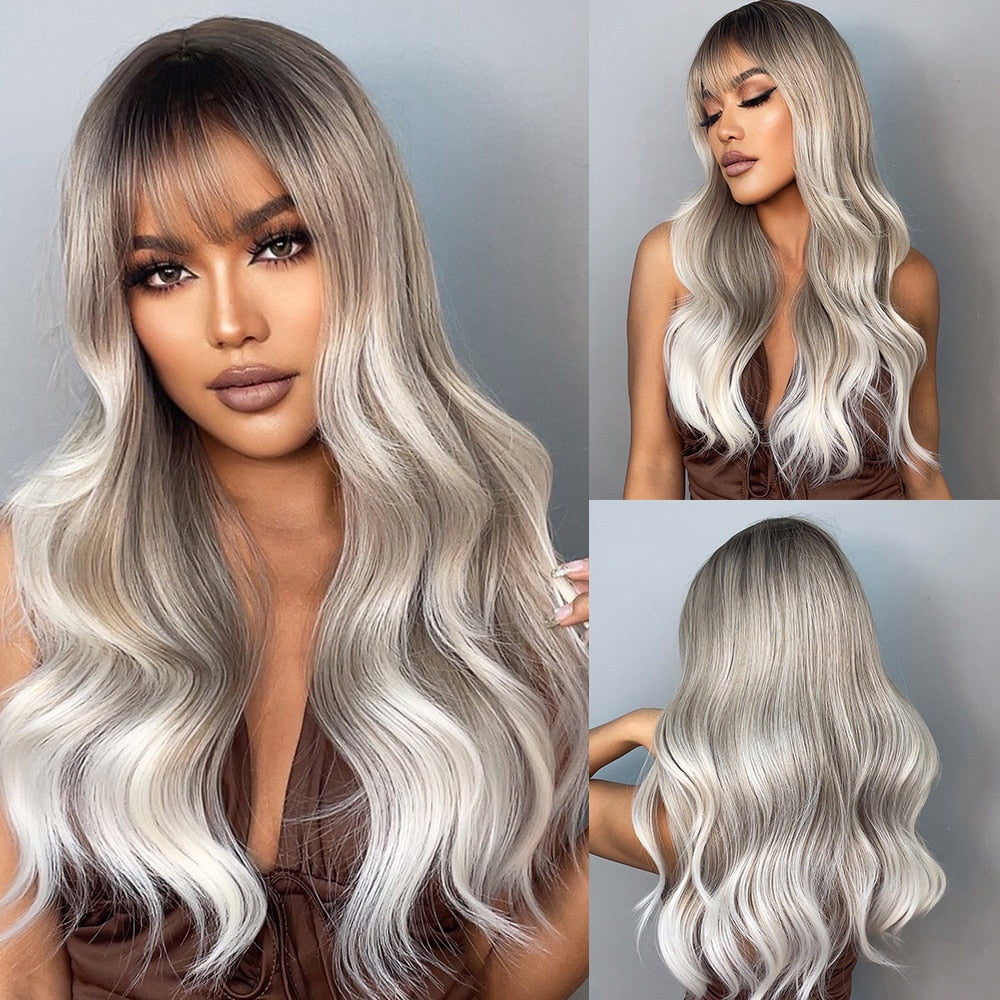 EASIHAIR Grey Ombre Wavy Wigs Long Synthetic Wigs for Women Wigs with Bangs Natural Hair Wigs Heat Resistant Cosplay Wigs