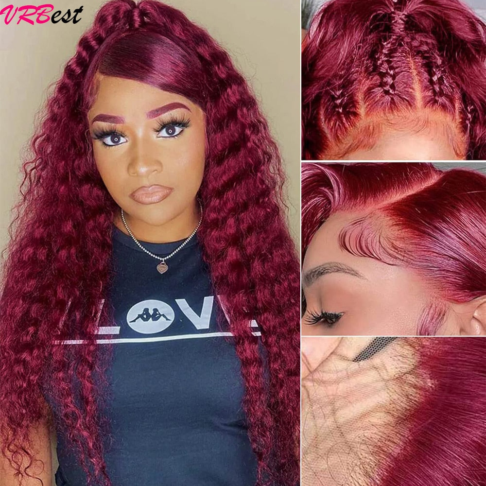 99J Colored Lace Front Human Hair Wigs Deep Wave Burgundy 13x4 HD Transparent Full Lace Frontal Wig Glueless Curly Wig For Women