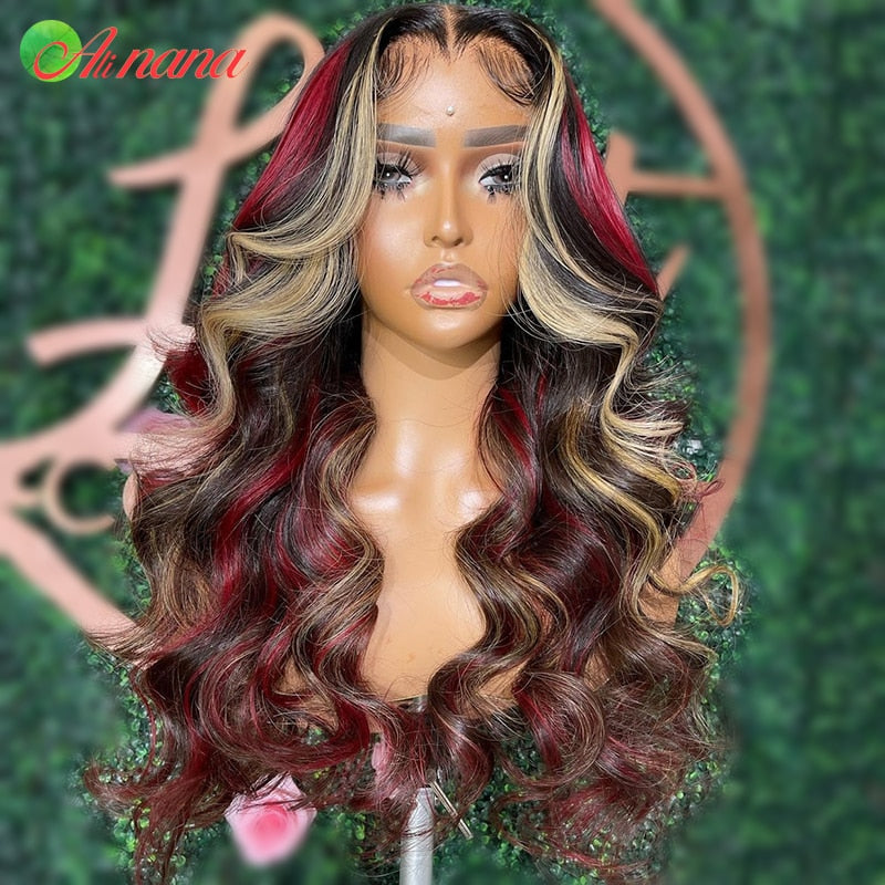 Highlight Red Blonde Colored Straight Body Wave Ready To Wear Glueless Wig Pre-Plucked 13x4 Lace Frontal Human Hair Wig Wear Go