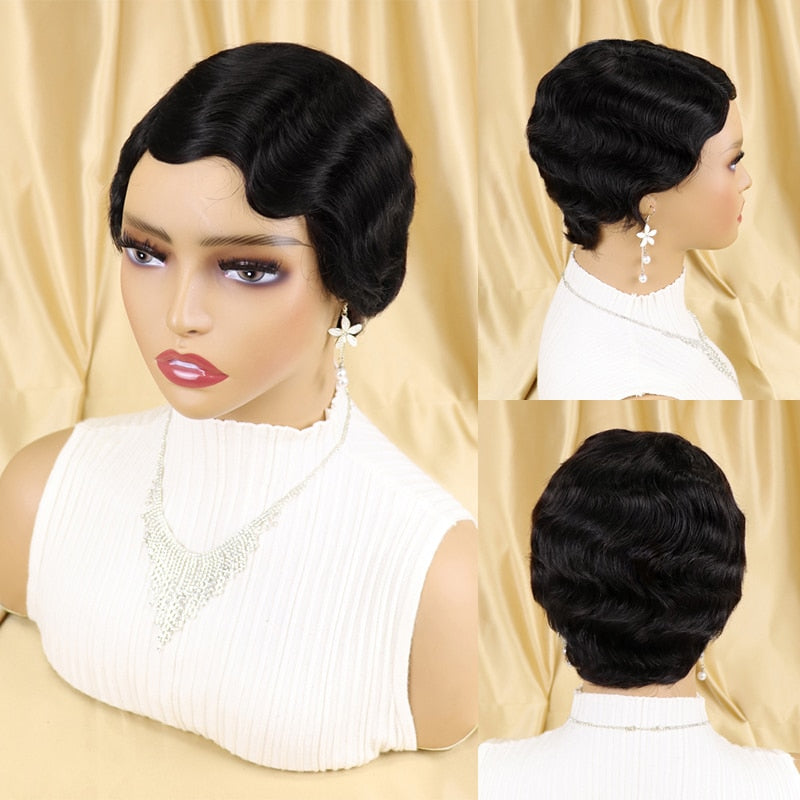 Brazilian Short Pixie Cut Human Hair Wigs Finger Waves Hairstyles For Black Women Full Machine Made Wigs Short Wigs Glueless