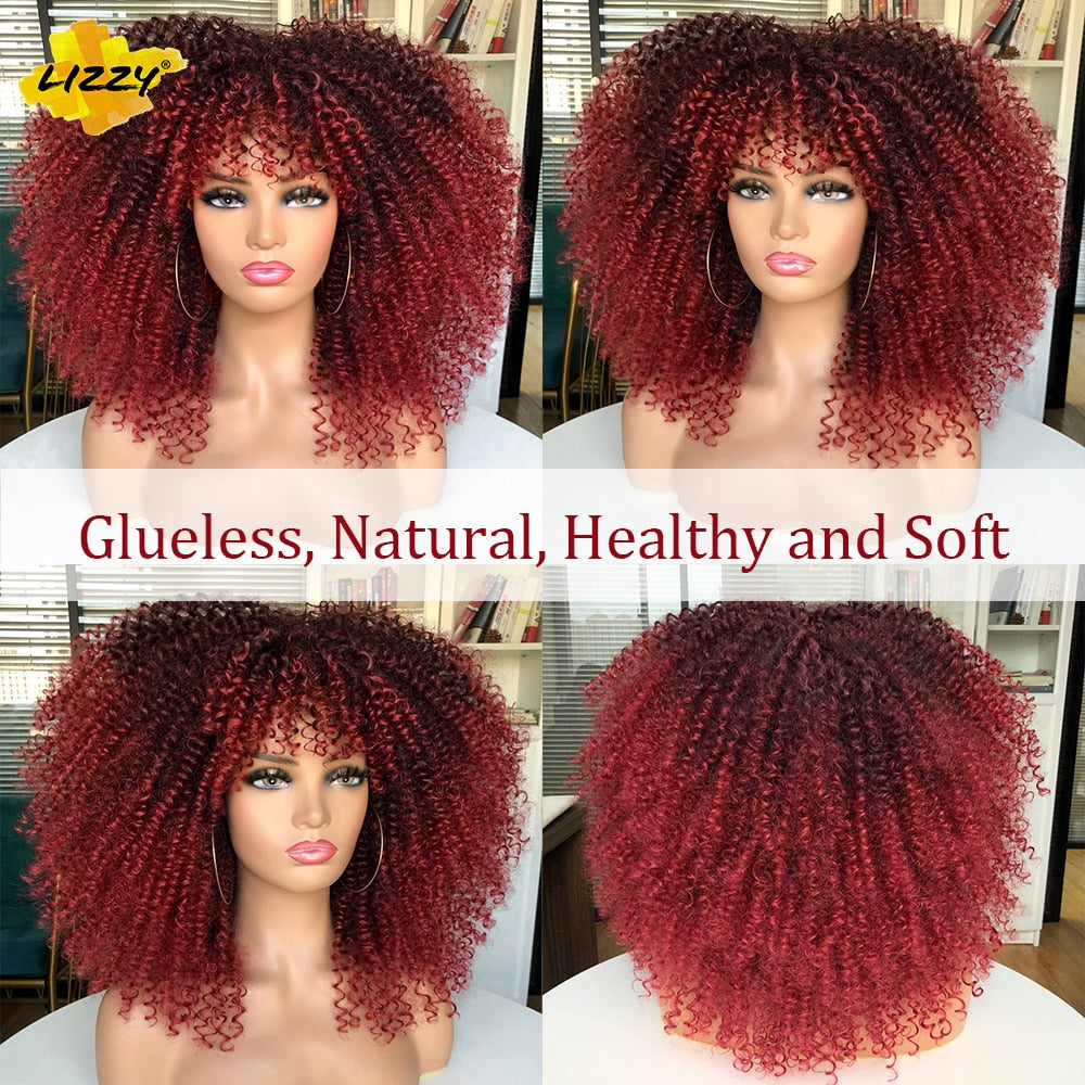 Short Afro Curly Wig With Bangs Synthetic African Glueless Fluffy Black Ombre Brown Curly Women&#39;s Wigs