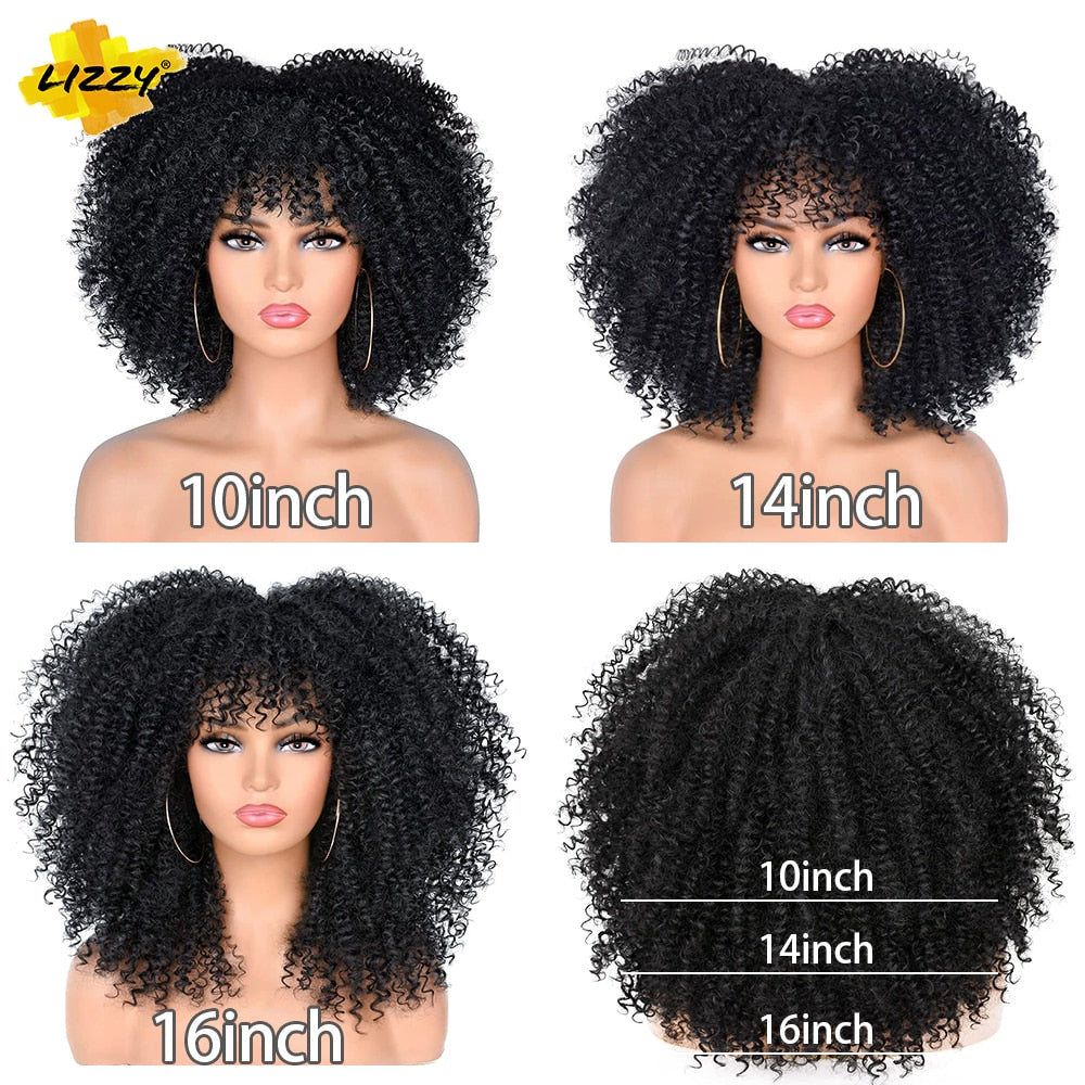 Short Afro Curly Wig With Bangs Synthetic African Glueless Fluffy Black Ombre Brown Curly Women&#39;s Wigs