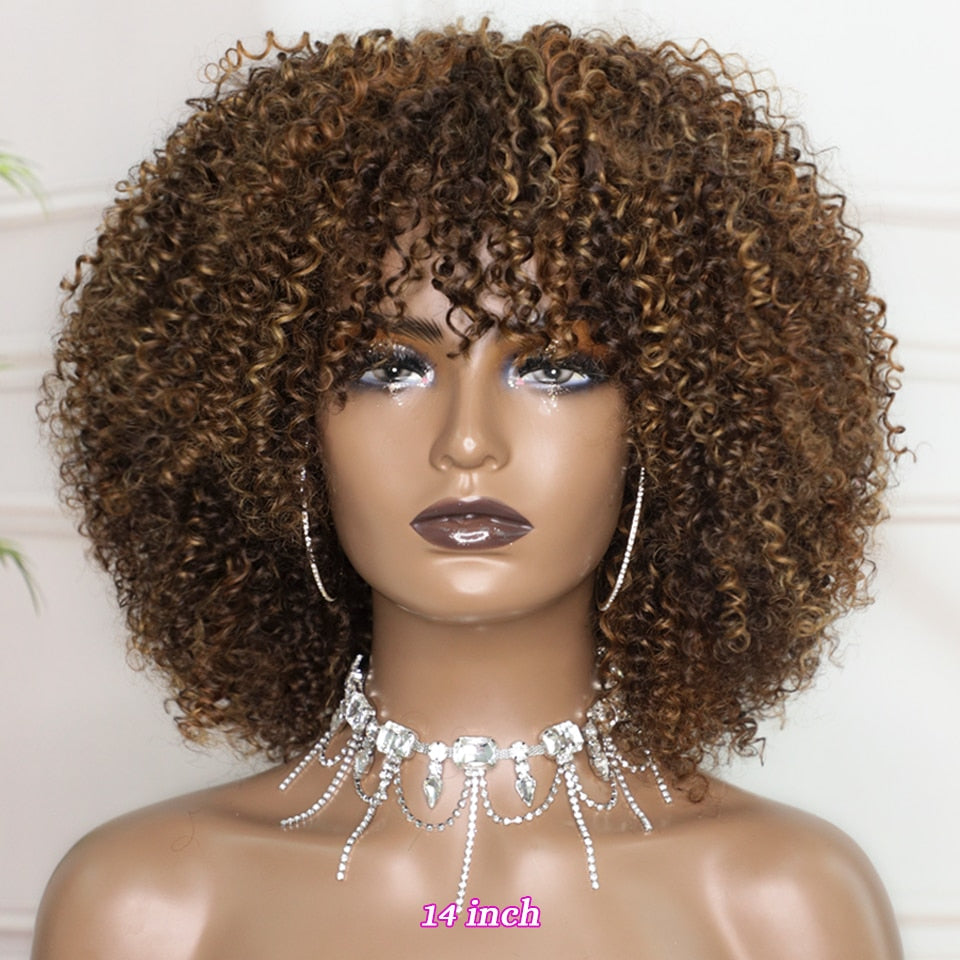 Short Curly Wig With Bangs Human Hair Afro Kinky Curly Wig Highlight Glueless Full Machine Made Wig 250 Density Remy Brazilian